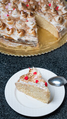 Three milk cake, tres leches cake with cherry 