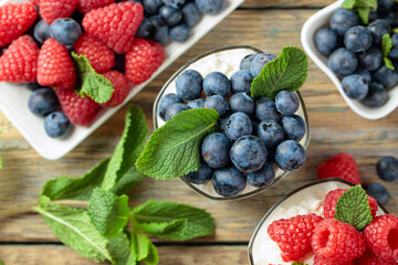 Curd dessert with berries and mint.
