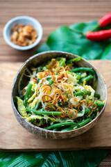 Spicy Indoneasian vegetables with green beans, bean sprouts and crispy shallots