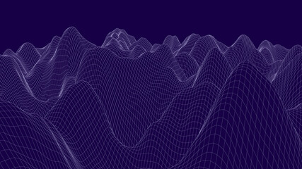 Vector landscape of mountains. Technology futuristic illustration. Vector background of wireframe 3d landscape.