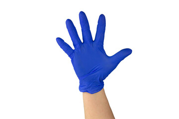 The stop sign is shown by the hand of a man in a blue medical glove on a white background. Disease, Disinfection or Virus Stop Symbol