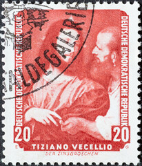 GERMANY, DDR - CIRCA 1957 : a postage stamp from Germany, GDR showing the painting “Der Zinsgroschen” by Titian. Paintings from the Dresden picture gallery from the USSR
