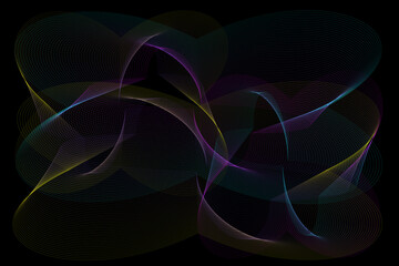 Dark vector background of abstract linear ultrathin shapes with transition effect. Yellow, pink, blue on dark.