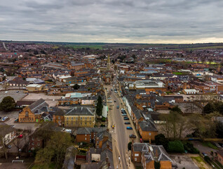 Obraz premium A panorama aerial view into the town of Market Harborough, UK in springtime