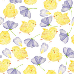 Spring Easter seamless pattern. Chickens and purple flowers. Watercolor