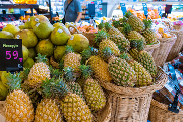 Pineapple counters in the grocery section of the supermarket