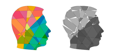 The concept of male and female psychology. Icons silhouette profile of a man with a head combine two elements of human nature of yin and yang. Vector EPS 10 for psychological page cover book, magazine