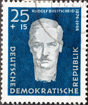 GERMANY, DDR - CIRCA 1957 : a postage stamp from Germany, GDR showing a portrait of the SPD politician Rudolf Breitscheid. Anti-fascist murdered in Buchenwald