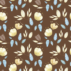 Watercolor seamless pattern with golden flower buds, large abstract flowers and leaves on a brown background, Watercolor pattern for fabrics, decoration, dresses, packaging.