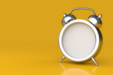Customizable Metallic Classic Alarm Clock on Yellow Background 3D Illustration