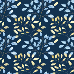 Watercolor seamless pattern with gold and blue large abstract leaves on a dark blue background, the Watercolor pattern for fabrics, bed linen, dresses, packaging.