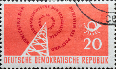Transmission mast, lettering in the form of radio waves, post horn. Conference of the Post and Telecommunications of the Socialist Countries