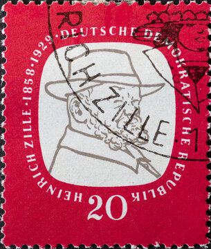 GERMANY, DDR - CIRCA 1958 : a postage stamp from Germany, GDR showing a self-portrait by the draftsman Heinrich Zille. 100th birthday of Heinrich Zille