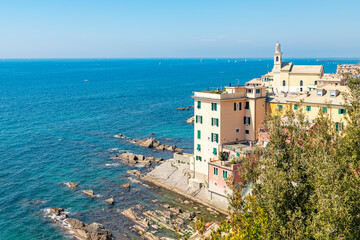 Fototapeta na wymiar View of the Ligurian sea from Boccadasse, a small fishing village in the city of Genoa - Italy