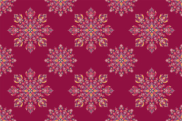 Naklejka na ściany i meble Traditional Indian maroon ethnic damask mandala vector design in a seamless repeat pattern. 