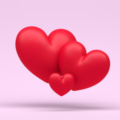 3d family of hearts on extra light pink pastel background with clear shadow illustration. 3d render love or like.