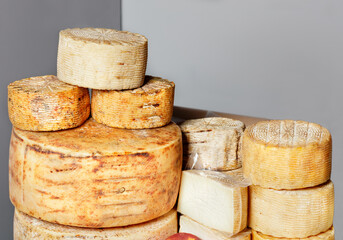 Large and small heads of homemade goat cheese on the market counter, copy space.