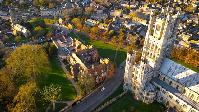 The aerial view of cathedral of Ely, a city in Cambridgeshire, England, UK