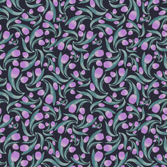 Seamless botanical dark pattern with leaves and pink tulip flowers
