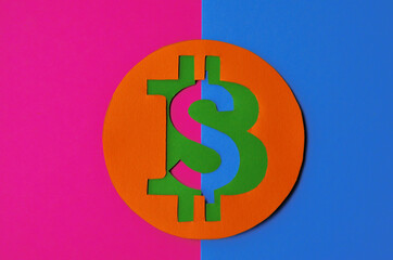 Bitcoin is connected to the dollar on a pink blue background horizontal orientation. Conceptual collage about cryptocurrency in the power of cyberpunk and minimalism. High quality photo