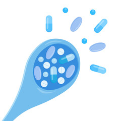 A spoon with different types of medical pills with blue colors close-up on a white background.