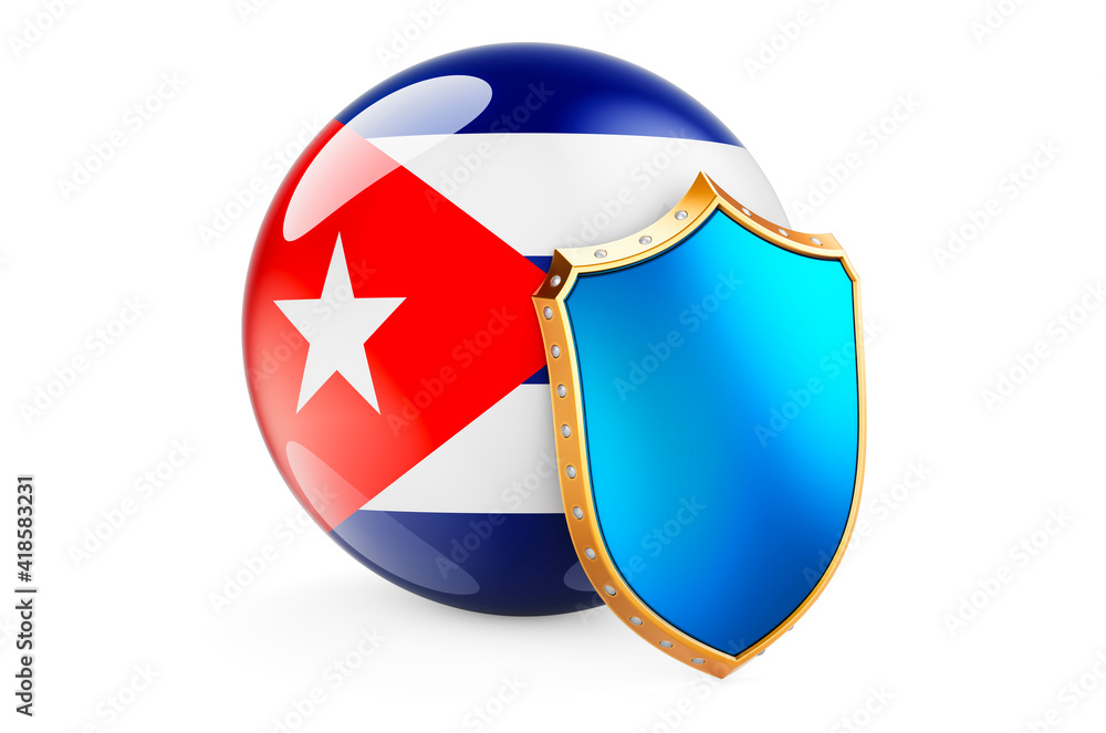 Poster cuban flag with shield. protect of cuba concept, 3d rendering
