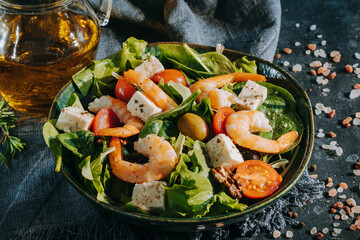 Tasty appetizing fresh mediteranian salad with shrimps, tomatoes,  and cheese