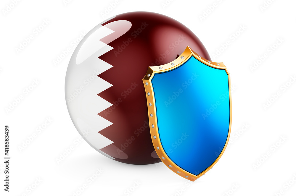 Poster qatari flag with shield. protect of qatar concept, 3d rendering