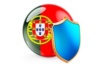 Obraz premium Portuguese flag with shield. Protect of Portugal concept, 3D rendering
