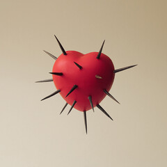 Red heart with thorns all over.  Self love concept. Self defense concept. Minimal abstract  composition.