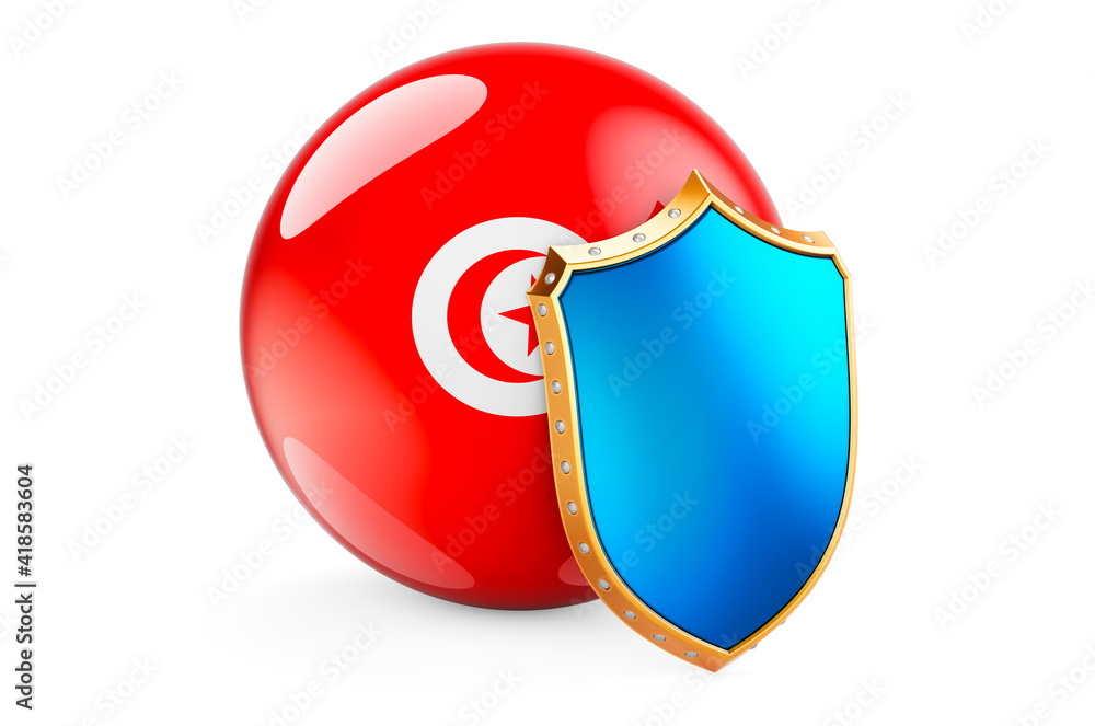Poster tunisian flag with shield. protect of tunisia concept, 3d rendering
