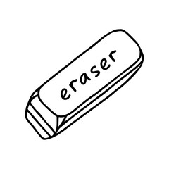 Hand-draw black vector illustration of eraser rubber item with lettering Eraser isolated on a white background