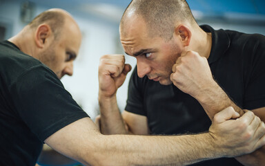 Sparring training and demonstration of street fight technique against attacker