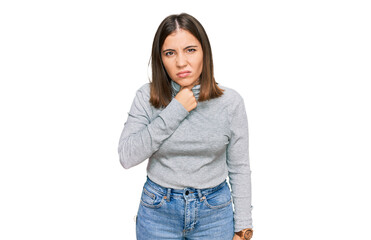 Young beautiful woman wearing casual turtleneck sweater touching painful neck, sore throat for flu, clod and infection