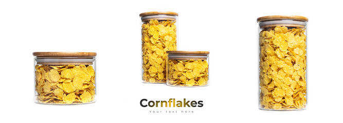 Cornflakes in glass jar on a white background.
