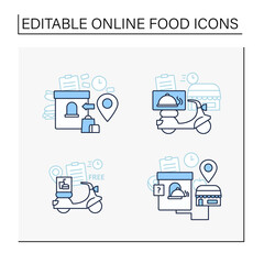 Fototapeta na wymiar Online food line icons set. Restaurant fast delivery, issue point, ghost kitchen. Shopping application. Isolated vector illustrations. Editable stroke