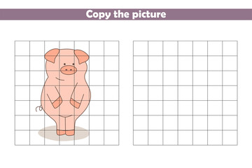 Copy and paint the picture of cartoon pig. Handwriting practice. Worksheet for preschoolers. Educational game for kids. Vector illustration.