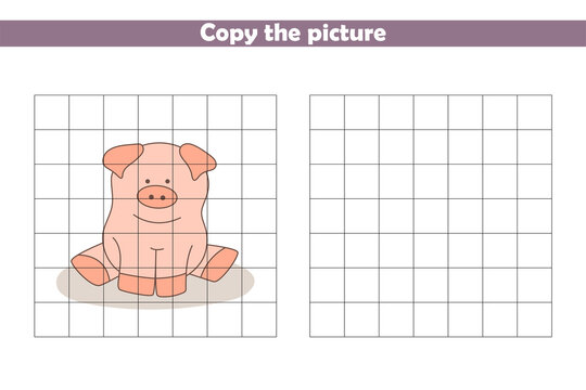 Copy and paint the picture of cartoon pig. Handwriting practice. Worksheet for preschoolers. Educational game for kids. Vector illustration.