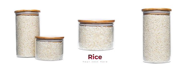 Rice in a glass jar isolated on a white background.