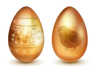 Two realistic Easter eggs with different surface texture, patterns and holiday symbols in golden colors. With shadows on white background