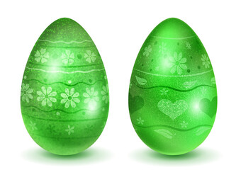 Two realistic Easter eggs with different surface texture, patterns and holiday symbols in green colors. With shadows on white background
