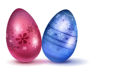 Two realistic Easter eggs with different surface texture, patterns and holiday symbols in blue and red colors. With shadows on white background