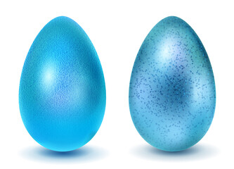 Two realistic Easter eggs with different surface texture in light blue colors. With shadow on white background