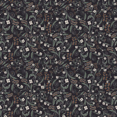 Seamless botanical dark pattern with branches of flowers and fruits
