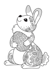 Easter bunny with egg doodle coloring book page. Antistress zentangle coloring book page for adults and children