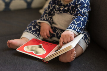 Young baby pointing to a picture in a board book; childhood milestone