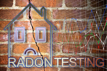 The danger of radon gas in our homes - Radon Testing concept image with an outline of a small house with radon text against an old cracked brick wall