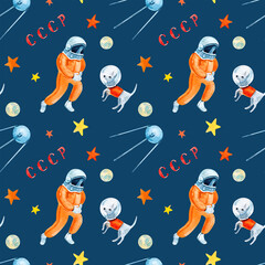 International Day of Human Space Flight. Watercolor seamless pattern. Soviet Cosmonautics - obrazy, fototapety, plakaty