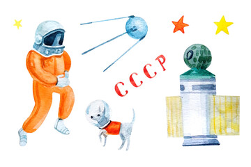 Set of watercolour illustrations dedicated to the International Day of Human Space Flight. Soviet space