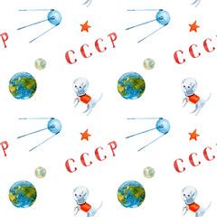 International Day of Human Space Flight. Watercolor seamless pattern. Soviet Cosmonautics